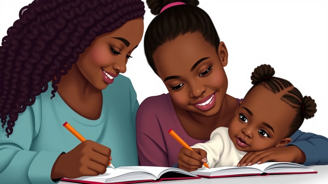 young mother and daughter writing. skin tone is dark. kenyans. happy. clear eyes. white gradient background. illustration